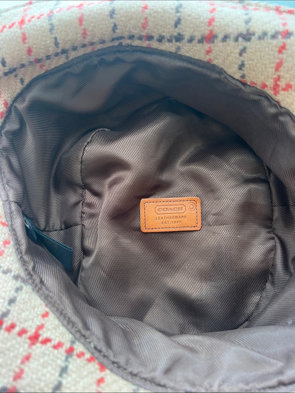 Coach Tan Plaid Bucket Hat with Red and Brown Checks - Picture 2 of 2